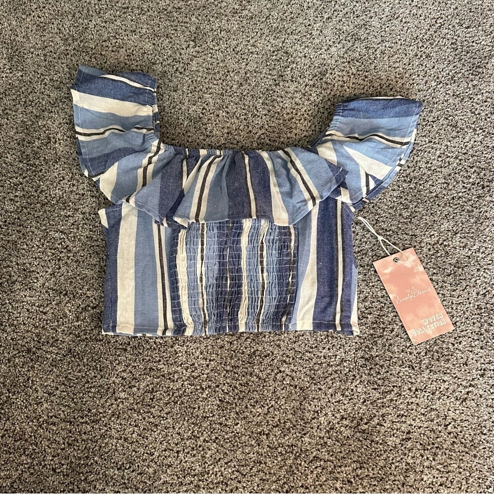 SIMPLY BLESSED S Denim Linen Cropped Striped Smocked Top Bow Tie Front R $65 NWT - Picture 6 of 13